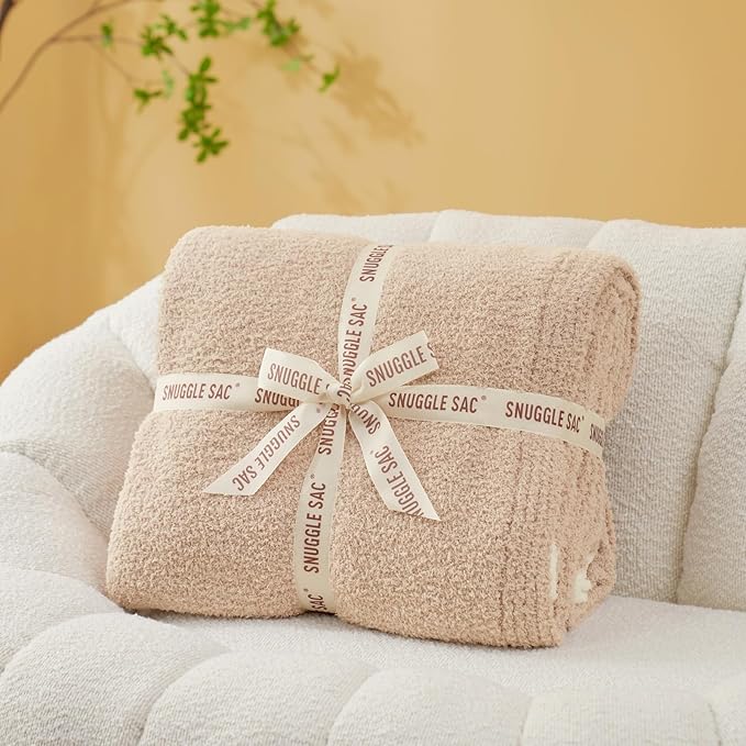 Snuggle Sac Beige Throw Blanket for Couch Bed Sofa 60x80 inches, Reversible Beige Blanket Microfiber Fluffy Fuzzy Cozy Knit Twin Blanket for Women Mothers Birthday Gifts