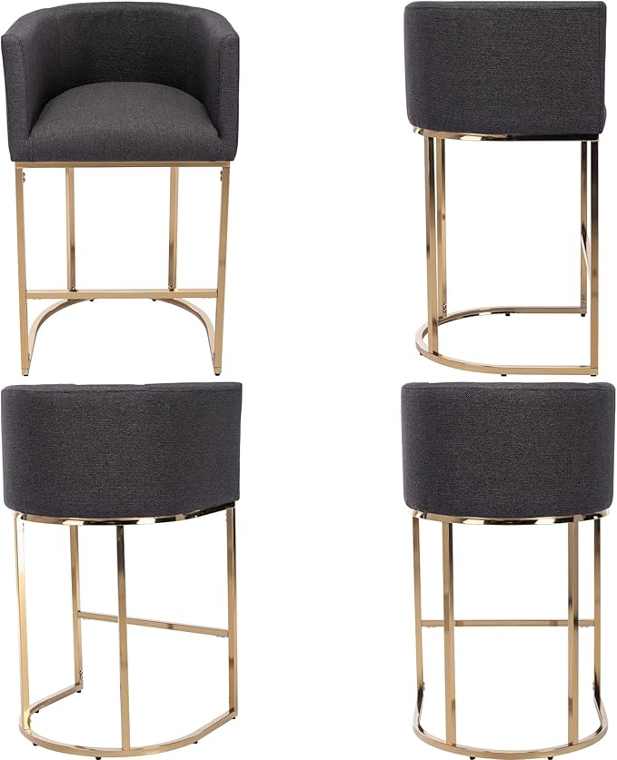 Modern Counter Height Linen Upholstered Bar Stool, 29" Kitchen Counter Island Stool Bar Chairs with Gold Metal Frame for Kitchen Island, Charcoal