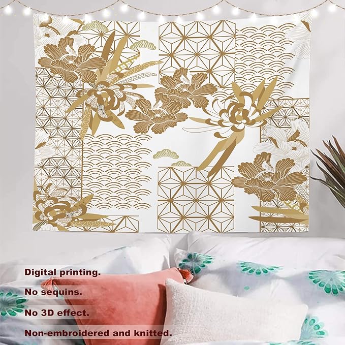 Batmerry Gold Japanese Floral Tapestry, Spring Wall Art Hanging Decoration Polyester Fiber White Ruffled Around for Dorm Room Bedroom Living Room, 59.1x82.7 inches