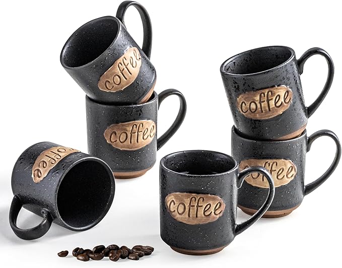LYEOBOH Coffee Cups, Tea Cup, Espresso Cups, Coffee Mugs Set of 6, 3 oz Ceramic Espresso Cups, Cute Mini Demitasse Cups with Handle for Coffee Bar & Home Microwave & Dishwasher Safe, Black