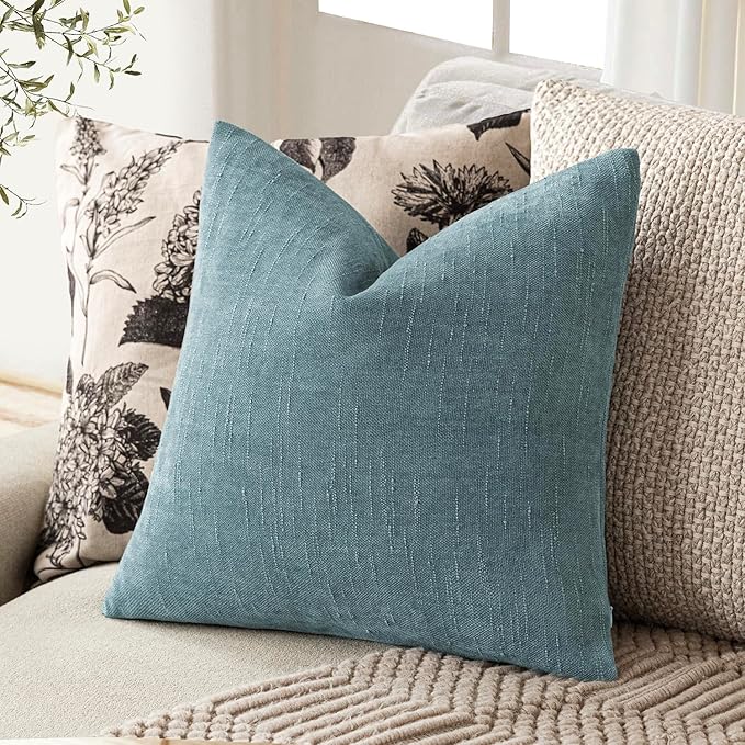 Foindtower Pack of 2 Textured Chenille Throw Decorative Pillow Covers Square Accent Solid Cushion Cover Neutral Farmhouse Pillow Case for Couch Sofa Bedroom Living Room 22x22 Inch,Light Blue