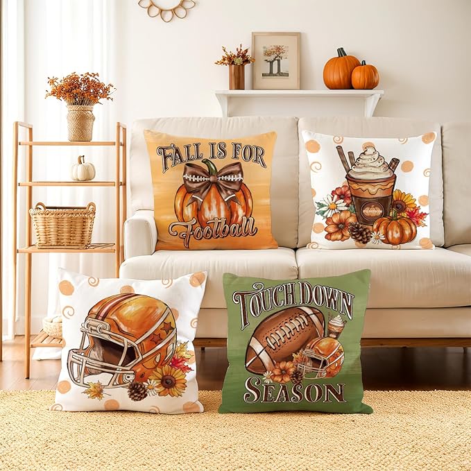 Fall Pillow Covers 16x16 Set of 4,Football Velvet Throw Pillows Farmhouse Autumn Pillowcases Decorative Home Decor for Couch Sofa, Porch Bed Living Room Fall Home Decorations