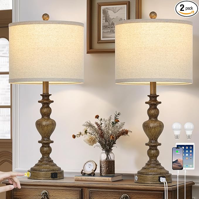 27" Vintage Table Lamps Set of 2, Farmhouse Resin Bedside Lamp with USB C+A Ports & AC Outlet, 3-Way Dimmable Touch Control Lamps for Living Room Bedroom Nightstand Antique Brown Washed Wooden Finish