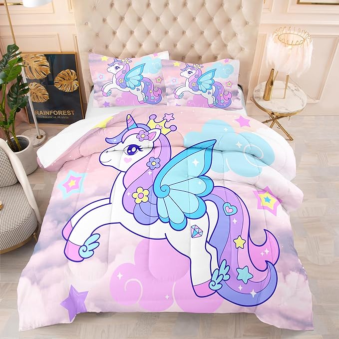 Tailor Shop Unicorn Girls Comforter Sets Full Size,Unicorn Purple Bedding Sets for Girls Kids Teens with 2 Pillowcase