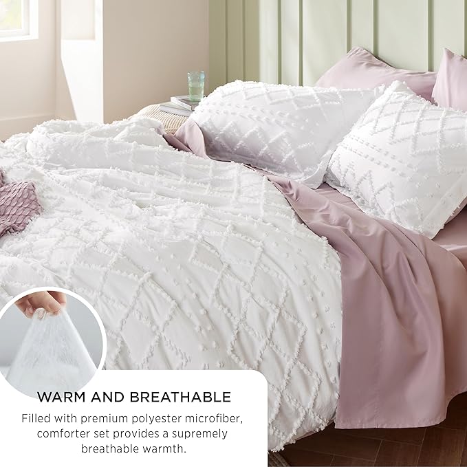 Bedsure Full Comforter Set - Dusty Blue Comforter, Boho Tufted Shabby Chic Bedding for Kids, 3 Pieces Vintage Farmhouse Bed Set for All Seasons, Fluffy Soft Bedding with 2 Pillow Shams