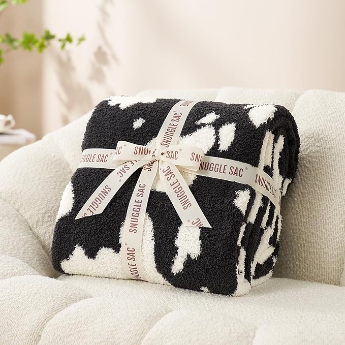 Snuggle Sac Cow Pattern Throw Blanket for Couch - Ultra Soft Microfiber Blanket, Plush Warm Reversible Blanket, Cow Jacquard Knitted Throw for Sofa & Bed, Black Cow, 50x60 inches