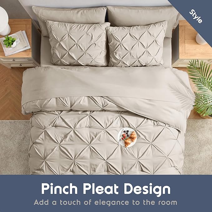 Nestl King Size Comforter Set 7 Pieces - Pinch Pleated Comforter Set in Beige, Bed in a Bag, All Season Bedding Set with Flat Sheet, Fitted Sheet, Pillowcases and Shams