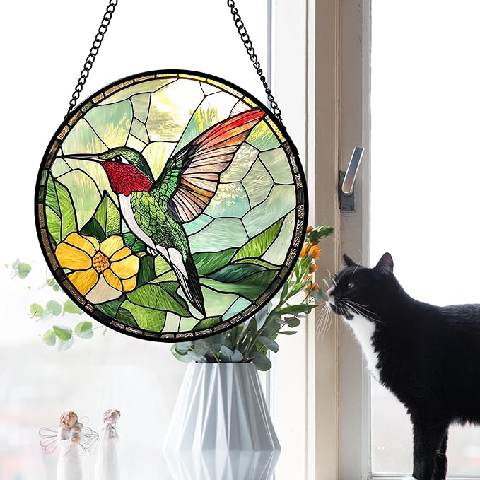 Stained Glass Window Hanging, Green Hummingbird Sun Catcher for Door Home Decor, Birds Suncatcher Christmas Mother's Day Birthday Gifts for Bird Lovers Women Men Mom and Nana 6.3 in