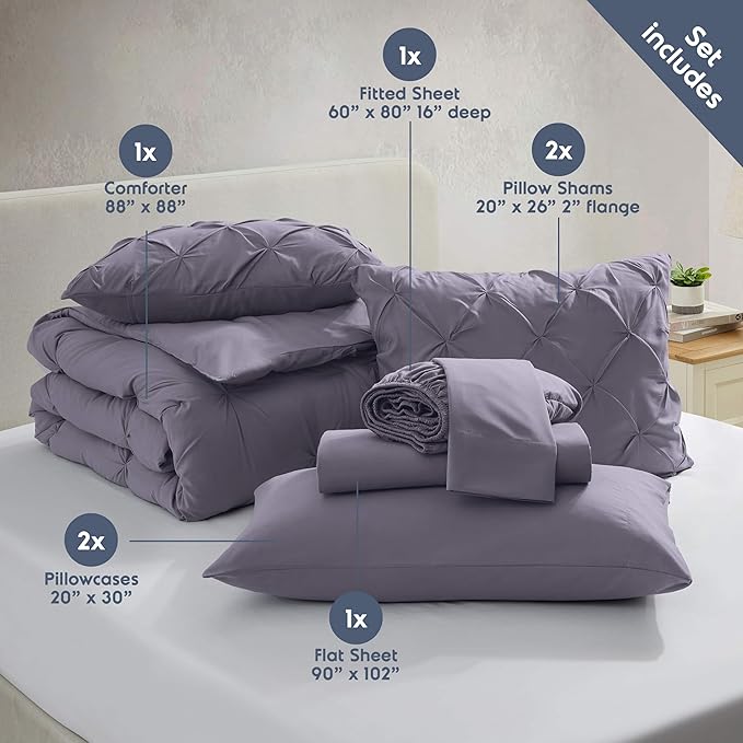 Nestl Queen Comforter Set - 7 Piece Pinch Pleated Comforter Queen Size Grayish Purple, All Season Bed in a Bag with Flat Sheet, Fitted Sheet, Pillowcases and Shams