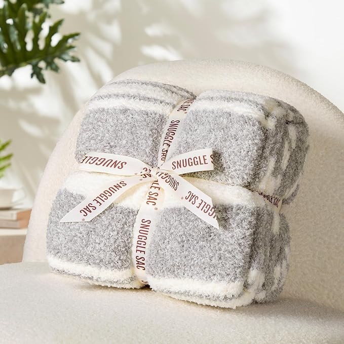 Snuggle Sac Grey Stripe Knitted Throw Blanket for Couch, Reversible Super Soft Warm Blankets Cozy Knit Fuzzy Plush Lightweight Throws for Sofa, Bed, Stripe Grey, 50 x 60 inches