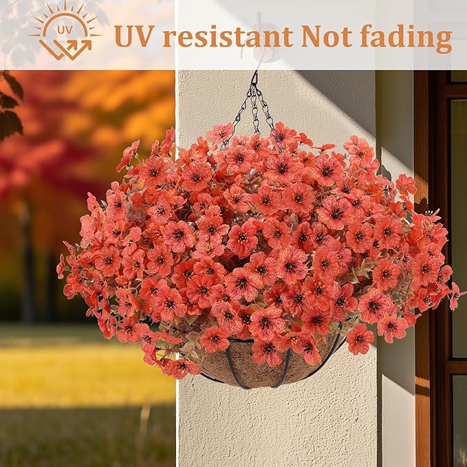 Geegoods Artificial Hanging Baskets for Outdoors Decoration, 24 Pcs Artficial Outdoor Flowers with Hanging Baskets UV Resistant Look Real Orange Mums for Autumn Porch Patio Balcony Yard Home Decor