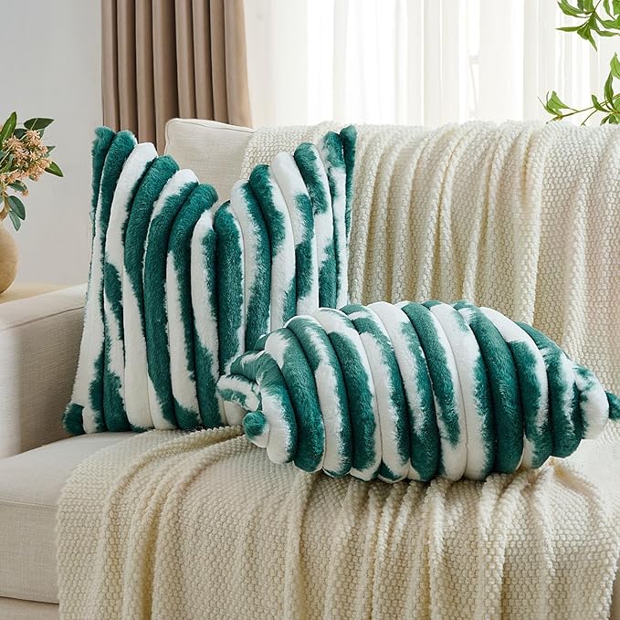 FUTEI Green Decorative Throw Pillow Covers 18x18 Inch Set of 2, Soft Tie-Dye Faux Rabbit Fur Striped Texture Cushion Case, Modern Home Decor for Couch Bed Living Room