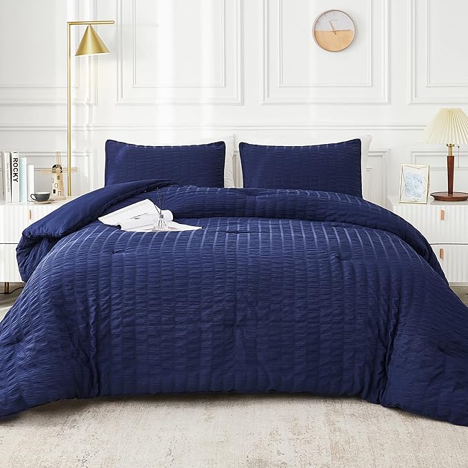 AveLom Navy Blue Seersucker California King Comforter Set (104x96 inches), 3 Pieces-100% Soft Washed Microfiber Lightweight Comforter with 2 Pillowcases, All Season Down Alternative Bedding Set