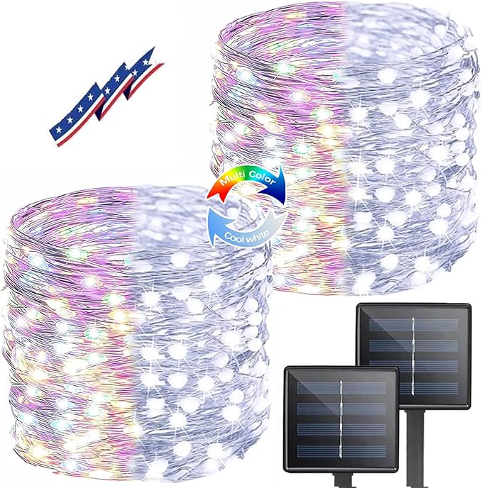 (Cool White ⇋ Multicolor) Solar Christmas String Lights Outdoor, 2-Pack 80FT 200 LED Waterproof Silver Wire, Solar Twinkle Lights with 8 Modes Solar Fairy Light for Tree Garden Wedding Christmas Decor
