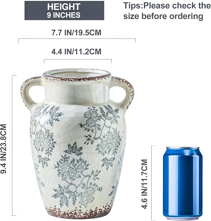 Enra Vintage vase with Handle,9.4 inch Blue and White Ceramic Decorative Flower vase, Chinoiserie Floral Vase,Large Rustic Vases for Home Decors, Living Room, Bookshelf, Office