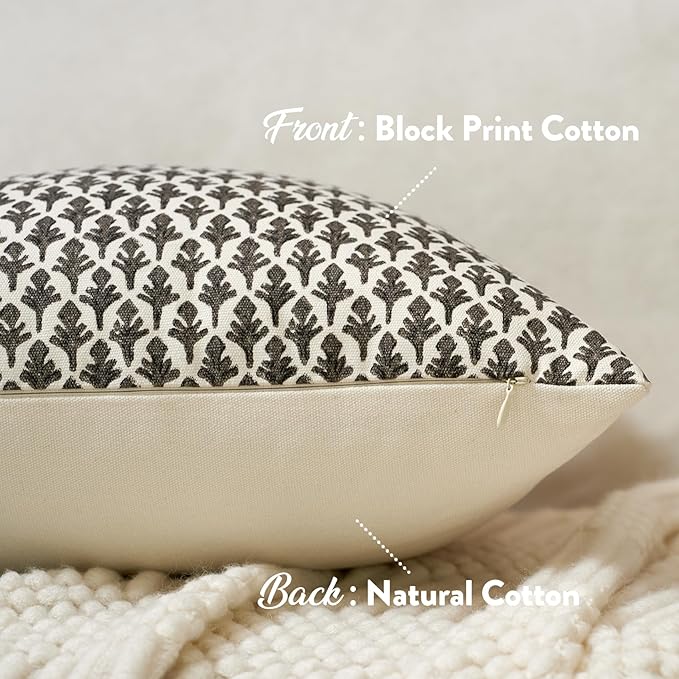 Floral Pillow Covers 18x18 Pillow Cover Block Print Couch Pillows for Living Room Decorative Neutral Accent Throw Pillow Covers, 1PC, Charcoal Black