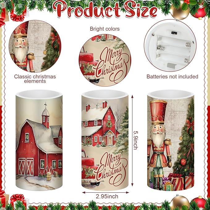 Retisee 3 Pcs Retro Rustic Christmas Flameless Candles with Remote Vintage Christmas Battery Operated LED Candle Retro Nostalgic Xmas Decor for Rustic Xmas Holiday Dining Table Bedroom Living Room