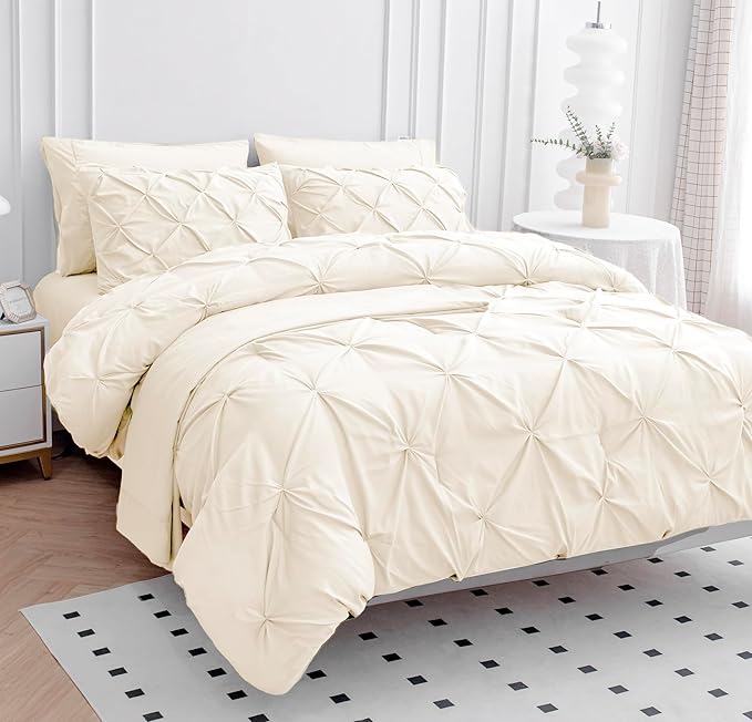 LANE LINEN Twin Comforter Set - 5 Piece Pintuck Twin Bed in a Bag, Pinch Pleat Bedding Set with Comforter, Sheets, Pillowcases & Shams - Ivory