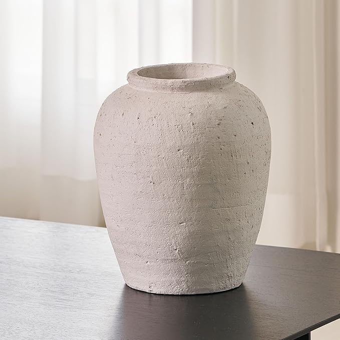 LB2 Large White Ceramic Vase, 11.8" Tall Zen Style Rustic vase, Terra Cotta Pitcher Vase, Distressed Farmhouse Decor, Pottery Decorative Flower for Home Decor (H 11.8" X 9.8")