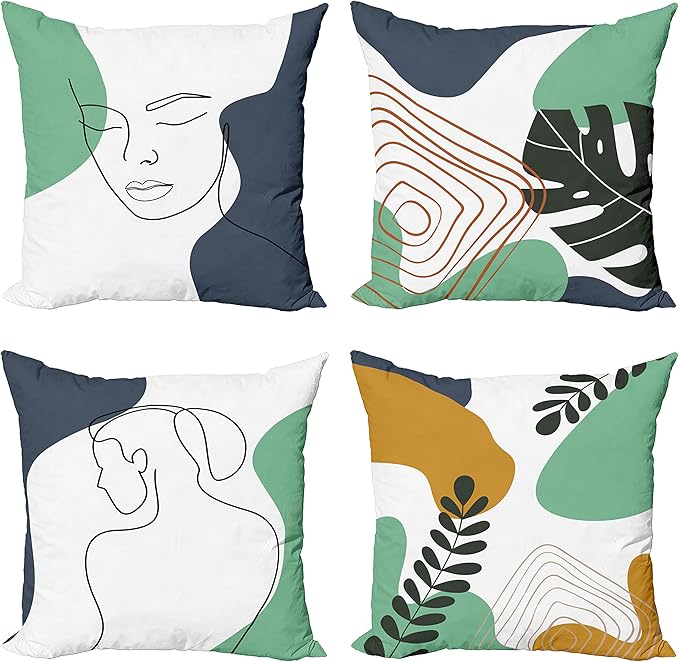 Ambesonne Minimal Throw Pillow Cushion Case Pack of 4, Modern Line Art Woman Portrait with Contemporary Leafy Geometric Details, Modern Accent Double-Sided Digital Printing, 16", Sea Green Slate Blue