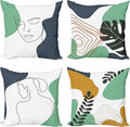 Ambesonne Minimal Throw Pillow Cushion Case Pack of 4, Modern Line Art Woman Portrait with Contemporary Leafy Geometric Details, Modern Accent Double-Sided Digital Printing, 16", Sea Green Slate Blue