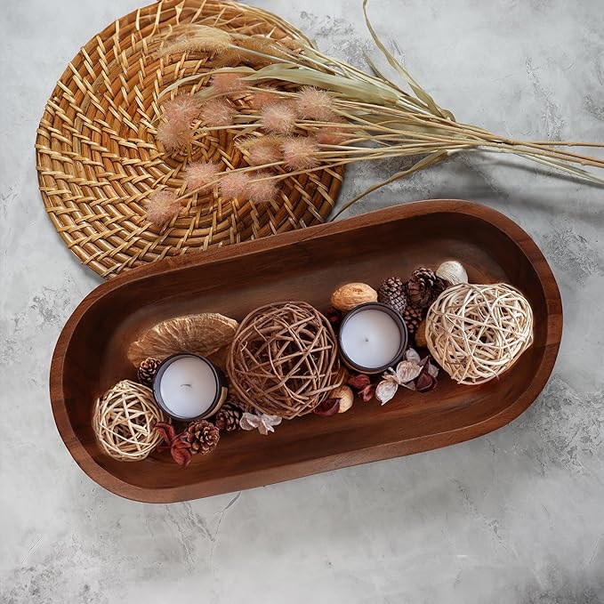Luxe Designs Wooden Dough Bowl - Dark Burnt Acacia Wood - Handmade Decorative Bowls for Home Decor, Bathroom, Kitchen Counter, & More - Rustic Large Wood Dough Bowl for Decor, Cosmetics, and Keys