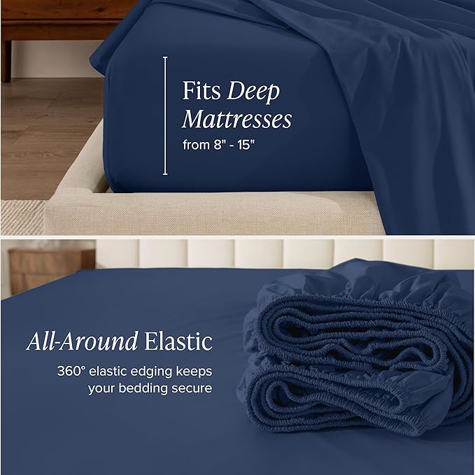 Bare Home 100% Organic Cotton Queen Sheet Set - Crisp Percale Weave - Lightweight & Breathable - Bedding Sheets & Pillowcases (Queen, Dark Blue)