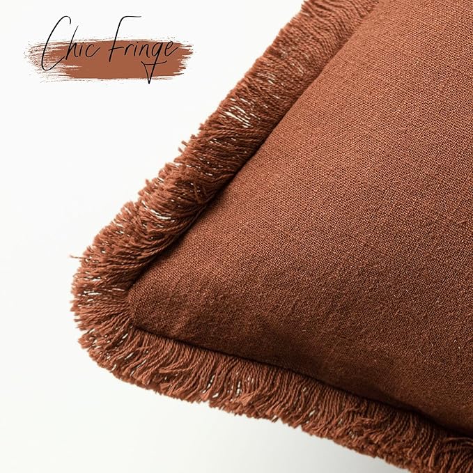 Foindtower Set of 2 Decorative Linen Fringe Lumbar Throw Pillow Covers Farmhouse Cushion Cover with Tassels Accent Pillowcase for Couch Sofa Bed Living Room Home Decor,12×20 Inch,Autumn Rust Orange