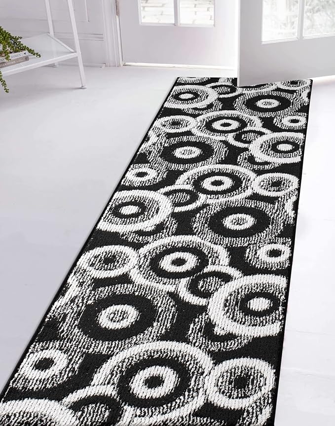 Custom Length Cut to Size Modern Farmhouse Carpet Runner Rug for Hallways, Non Slip Rubber Backed, 31 inch Wide X Customized Length, Geo Black, 31 inch X 32 feet