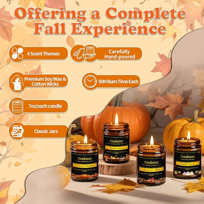 Fall Candles Set | 4 Pack Autumn Scented Candles - Fall Candle Gifts for Women Men, Soy Candles for Home Scented - Autumn Scent of - Pumpkin/Cinnamon Apple/Harvest/Vanilla Cream