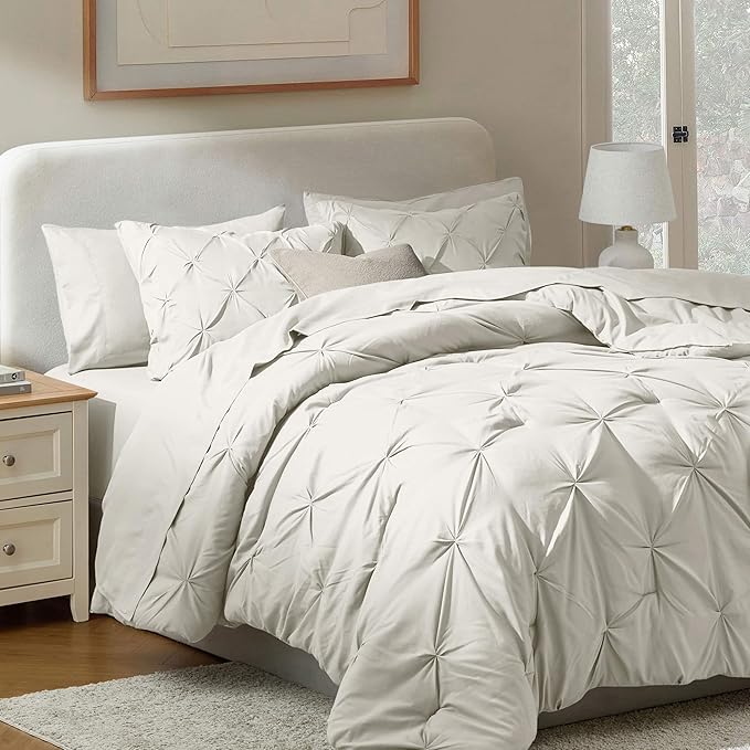 Nestl King Size Comforter Set - 7 Piece Pinch Pleated Bed in a Bag, Off White, All Season Bedding With Flat Sheet, Fitted Sheet, Pillowcases and Shams