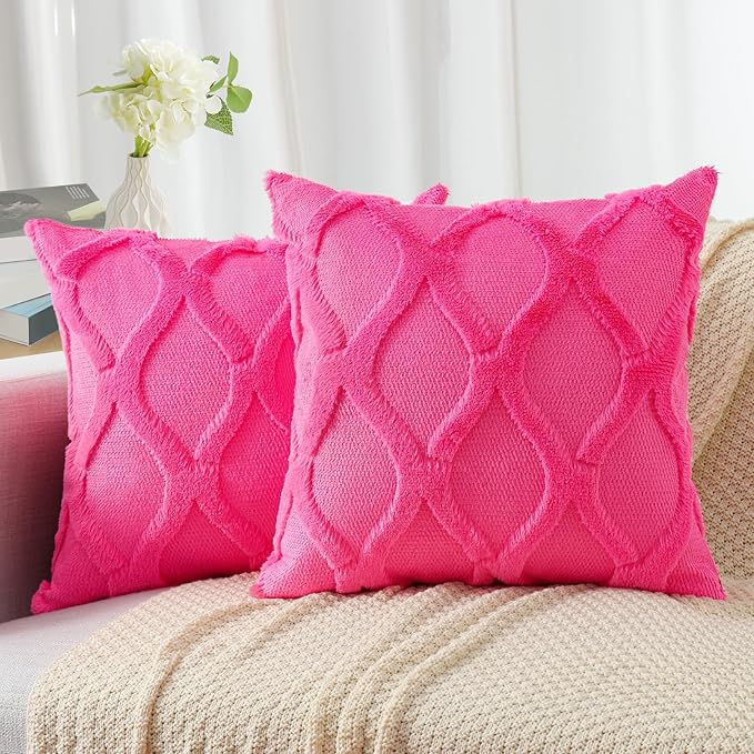 decorUhome Throw Pillow Covers 24x24 Inch Set of 2, Soft Plush Faux Fur Wool Hot Pink Couch Pillow Covers, Decorative Neutral Pillow Cases for Bed Sofa Living Room Home Decor