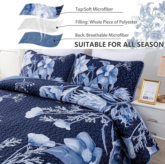 Floral Quilt Set Queen 3 Pieces Navy Blue Floral Quilt Coverlet Set Soft Microfiber Lightweight Navy Blue Quilted Bedspread for All Season 90"x96"