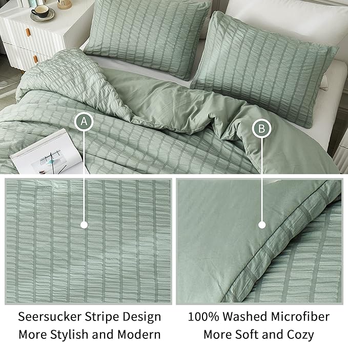 AveLom Sage Green Seersucker King Comforter Set (104x90 inches), 3 Pieces - 100% Soft Washed Microfiber Lightweight Comforter with 2 Pillowcases, All Season Down Alternative Comforter Set for Bedding