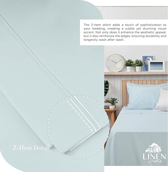 Linen Home 100% Cotton Percale Sheets Full Size, Blue Duck Egg, Deep Pocket, 4 Pieces Set - 1 Flat, 1 Deep Pocket Fitted Sheet and 2 Pillowcases, Crisp Cool and Strong Bed Linen