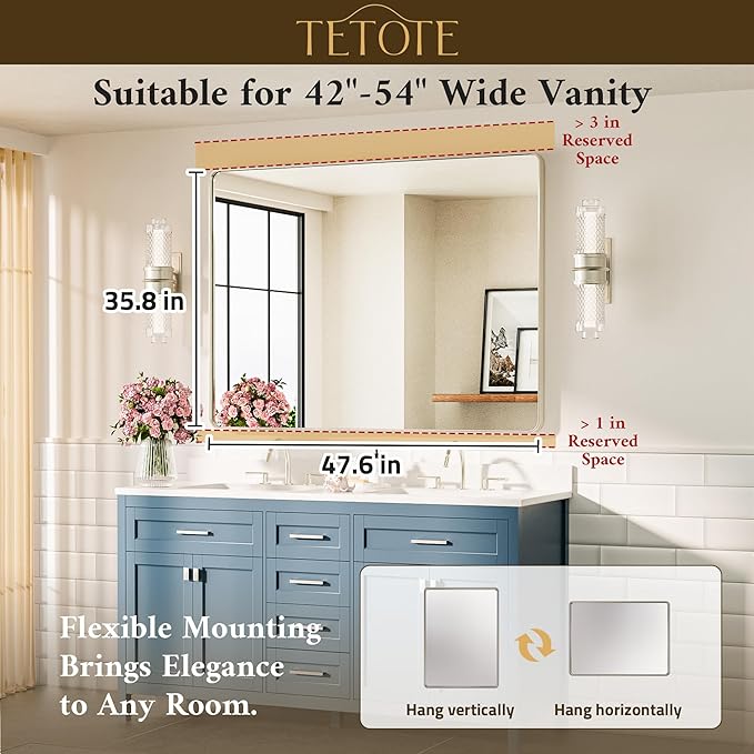TETOTE 48 x 36 Inch Brushed Nickel Bathroom Mirror Metal Framed Bathroom Mirror, Tempered Glass, Modern Farmhouse Wall Mounted Mirror for Decorative(Horizontal/Vertical)