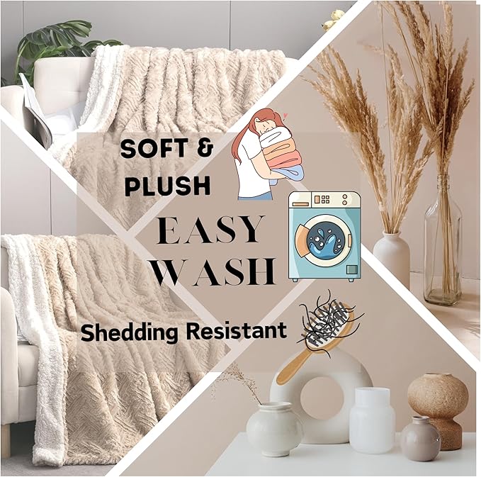 DaDa Bedding Champagne Ivory Faux Fur Throw Blanket - Dreamy Gold Geometric Embossed Sherpa Backside - Super Soft Warm Cozy Plush Fluffy - 63" x 90"