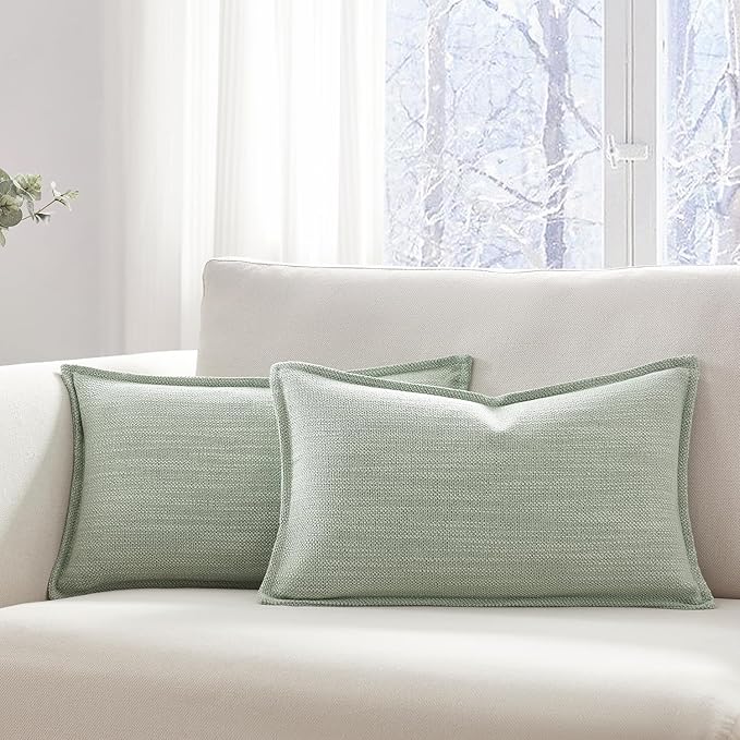 Meekio Set of 2 Sage Green Pillow Covers 12x20, Linen Look Throw Pillow Covers with Flange Edge for Sofa Couch Living Décor