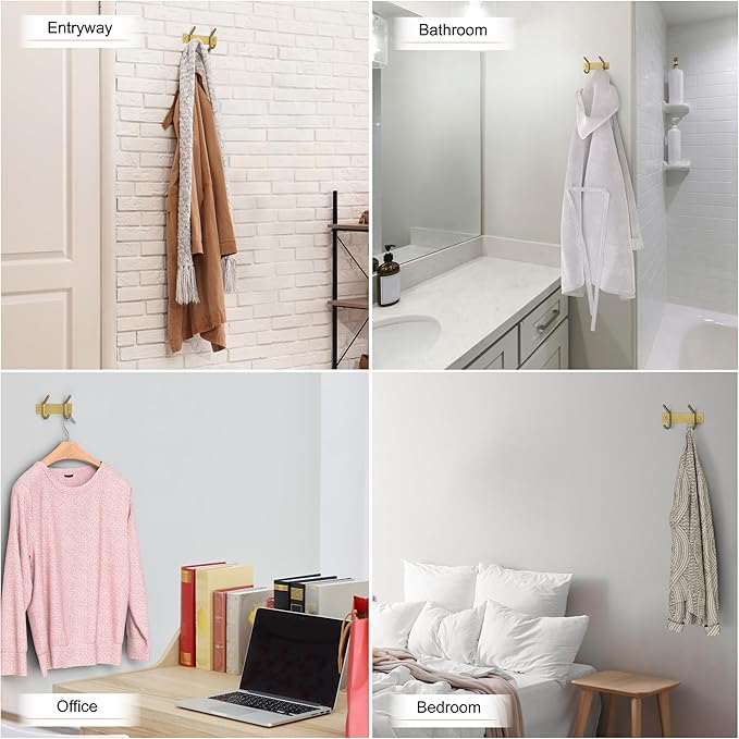 Brushed Gold Small Coat Rack Wall Mount – 6 Inch Stainless Steel Rail with 2 Double Coat Hooks for Entryway, Bathroom, Bedroom, Kitchen – Modern Gold Hook Rack for Coats, Hats, Towels