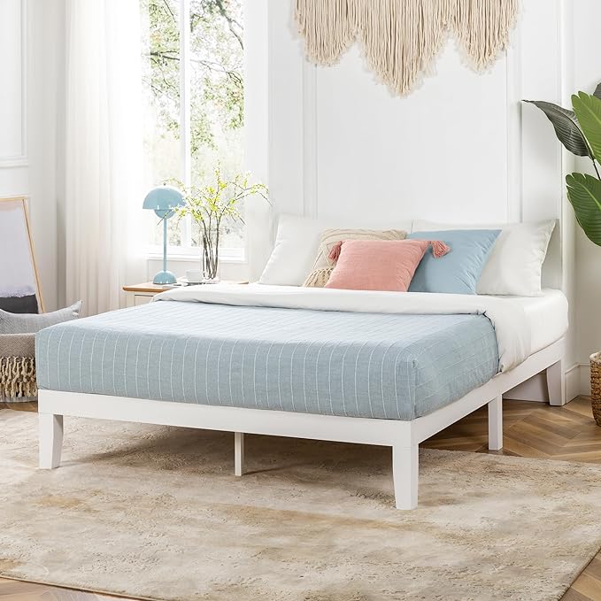 Mellow Naturalista Classic 12 Inch Solid Wood Platform Bed with Wooden Slats, Cal King, Whit