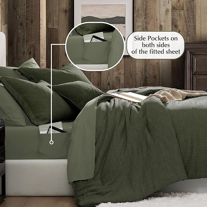Geniospin Dark Olive Green Queen Comforter Set - 7 Pieces Comforter Queen Size, Solid Bedding Set for All Season, Textured Bed in a Bag with Sheets
