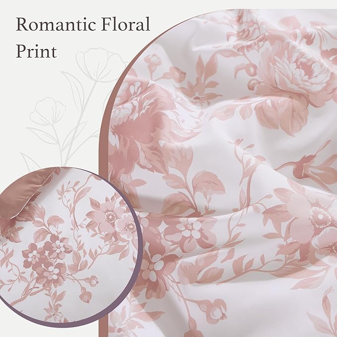 Full Comforter Set -7 Pieces Pink Floral Comforter Set for All Seasons, Bed in a Bag Full with Botanical Flowers Comforter, Sheets, Pillowcases & Shams