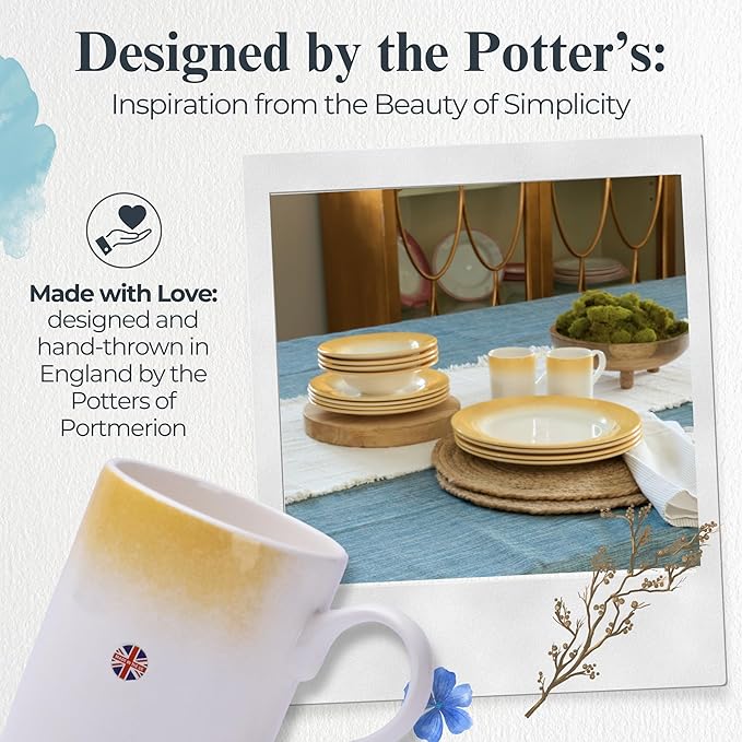 Portmeirion Potters 9oz Ceramic Mug (Set of 4) - Handcrafted Coffee Mugs with Yellow Mists - Dishwasher, Microwave, Freezer Safe - Earthenware Mugs for Tea & Coffee Lovers, Unique Mug Set (Yellow)