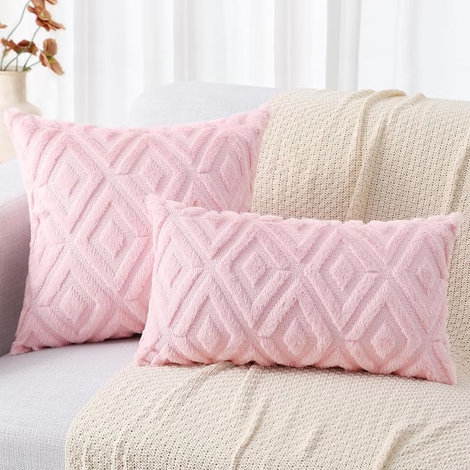 decorUhome Couch Throw Pillow Covers 24x24 Set of 2, Decorative Soft Plush Faux Wool Neutral Accent Pillow Covers for Bed Sofa Living Room, Light Pink