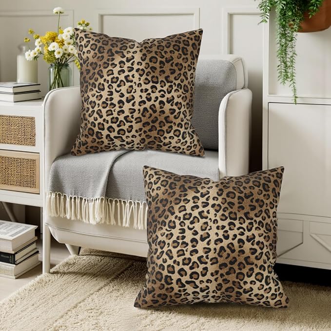 Leopard Throw Pillow Covers 20x20 - Rustic Pillowcase Set of 2 Cheetah Print Square Cushion Covers for Sofa Couch Bed