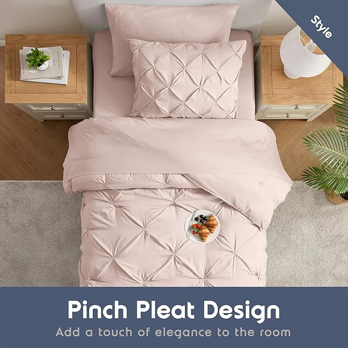 Nestl Twin Comforter Set 5 Piece, Pintuck Twin Bedding Set Blush Pink, College Dorm Room Essentials for Girls and Boys Bed in a Bag Twin All Season, Twin Comforter Set with Sheets, Pillowcase and Sham