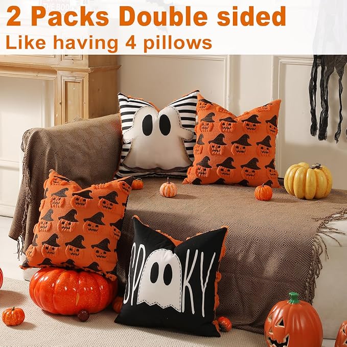 TOYPOPOR Halloween Decorations, 2 Packs Double Sided Ghost Pillow Covers, Soft Fur Throw Pillow Cases Indoor outdoor Pumpkin Couch Cushion Case for Fall Autumn Bedroom Living Room Home Decor 18''x18''