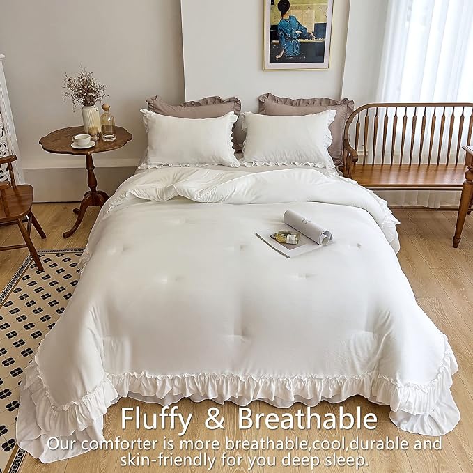 AIKASY White Comforters King Size Set, Vintage Boho Chic Farmhouse Bedding Sets Shabby Ruffle Queen Bed Comforter Bedding 3PCS（1 Comforter and 2 Pillowcases）