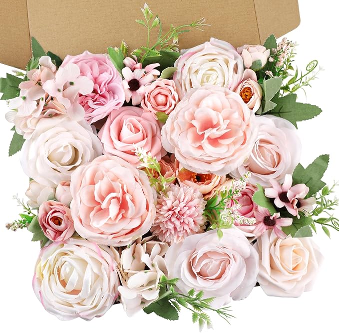 AmyHomie Blush Pink Artificial Flowers Combo Silk Rose Fake Flowers w/Stem for DIY Wedding Bouquets Centerpieces Arrangements Table Fall Decor Party Bridal Baby Shower Home Decorations