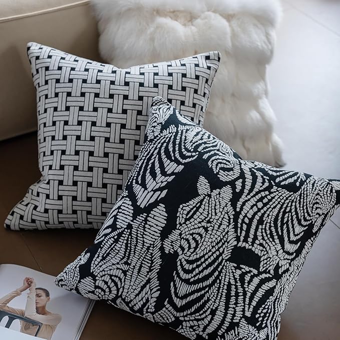 Premium Throw Pillow Covers 18x18 Inches - Black Interlaced Weave Grid Chenille Jacquard Embroidery Decorative Couch Pillow Covers for Living Room Bedroom Sofa Home Décor